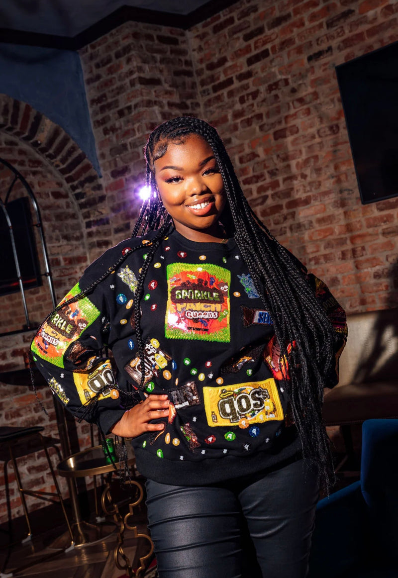 queen of sparkles: queen of candy sweatshirt-black