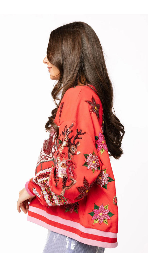 queen of sparkles: red & pink vintage poinsettia santa sweatshirt