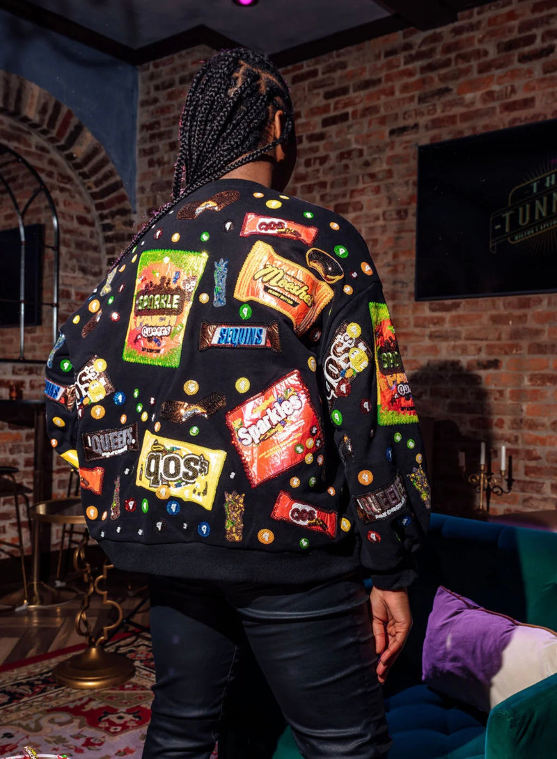 queen of sparkles: queen of candy sweatshirt-black