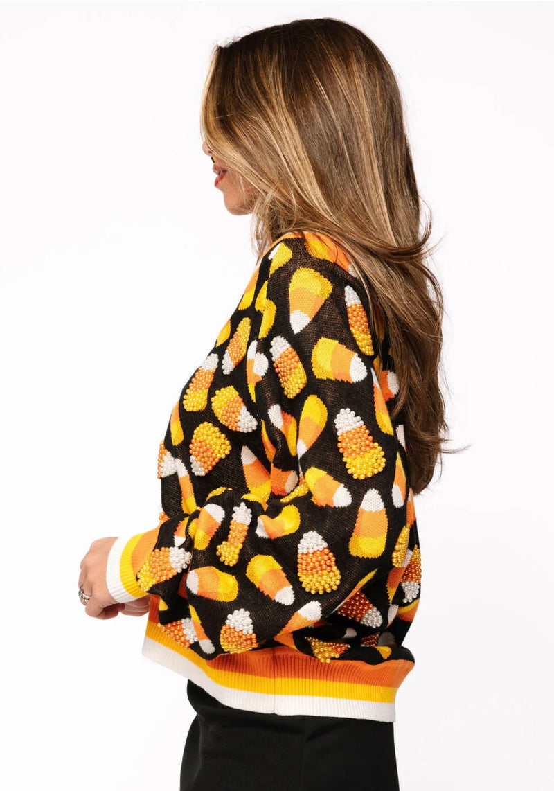 queen of sparkles: black pearl candy corn cardigan