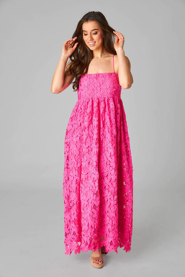 buddy love: tiana lace midi dress-hot pink