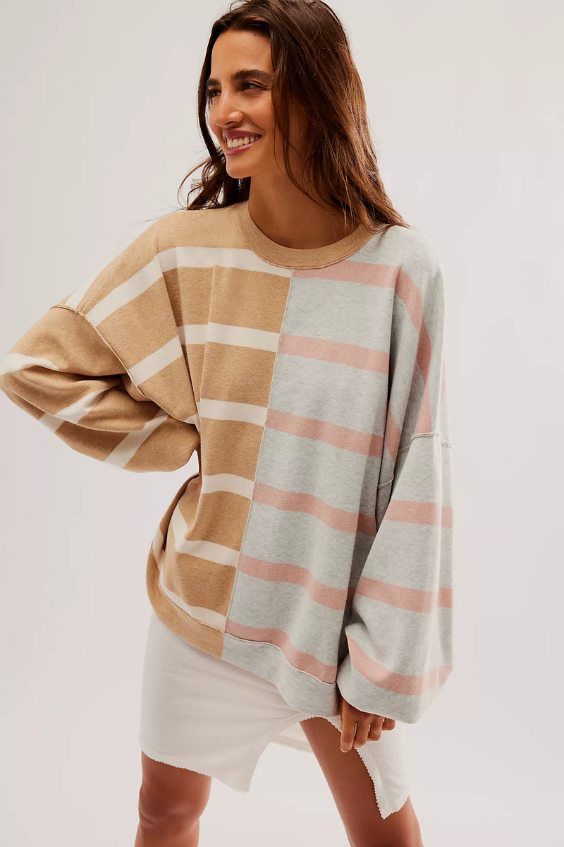 free people: uptown stripe- pullover-camel grey combo