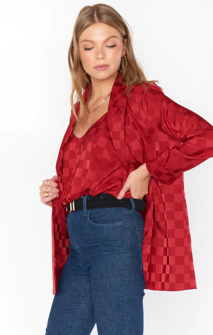 show me your mumu: felix blazer-red checkerboard satin