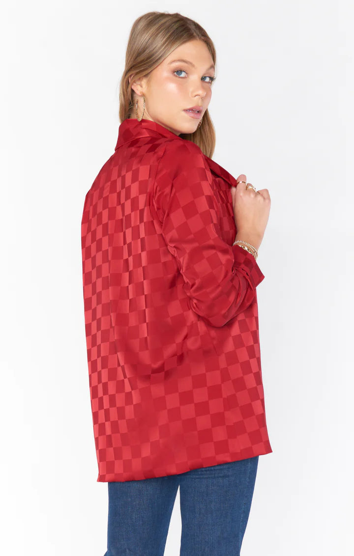 show me your mumu: felix blazer-red checkerboard satin