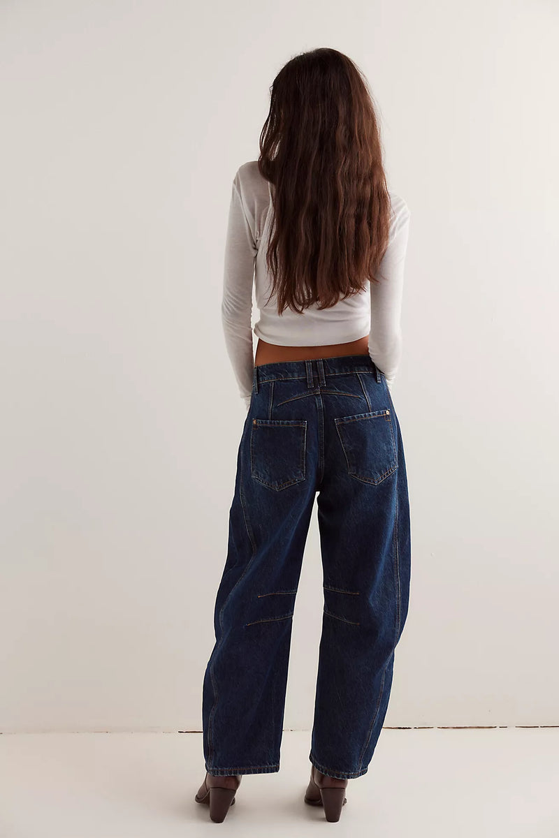 free people: good luck mid rise barrel denim-deep end