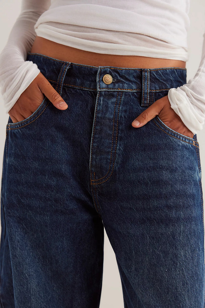 free people: good luck mid rise barrel denim-deep end