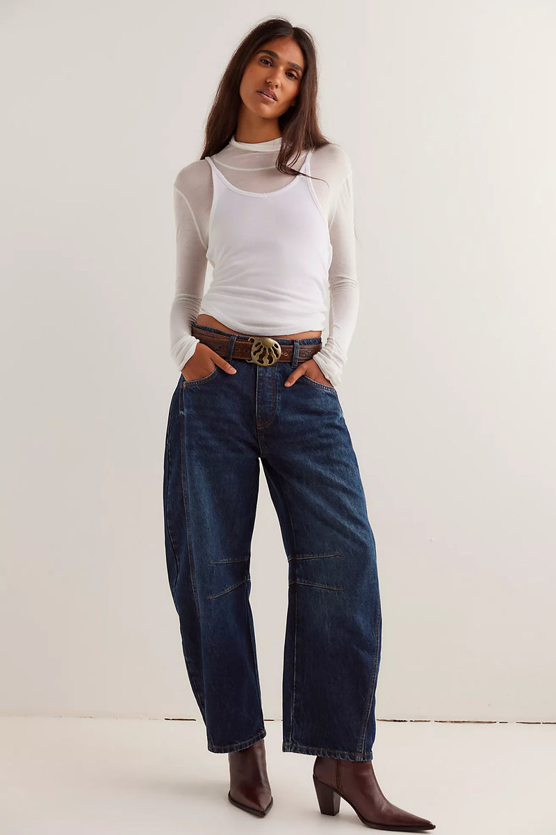 free people: good luck mid rise barrel denim-deep end