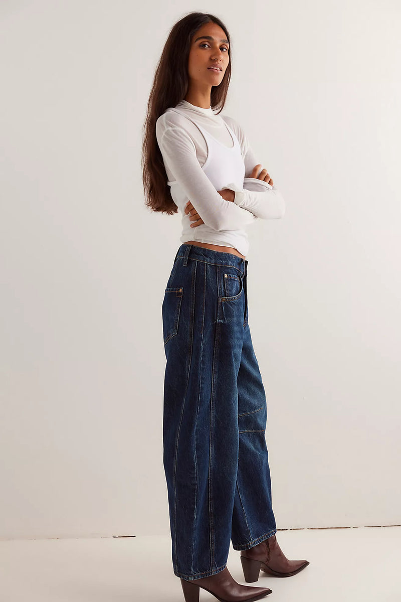 free people: good luck mid rise barrel denim-deep end