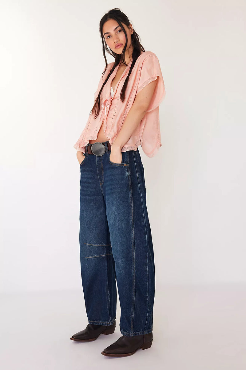 free people: good luck mid rise barrel denim-deep end