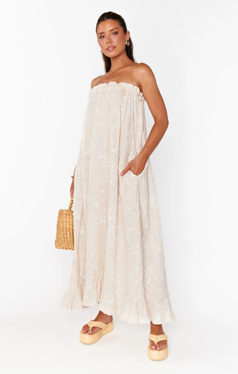 show me your mumu: around the world maxi dress-sand shells gauze