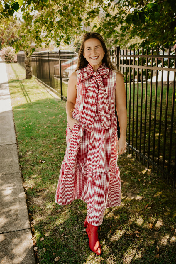 the touch down gingham bow dress-red gingham