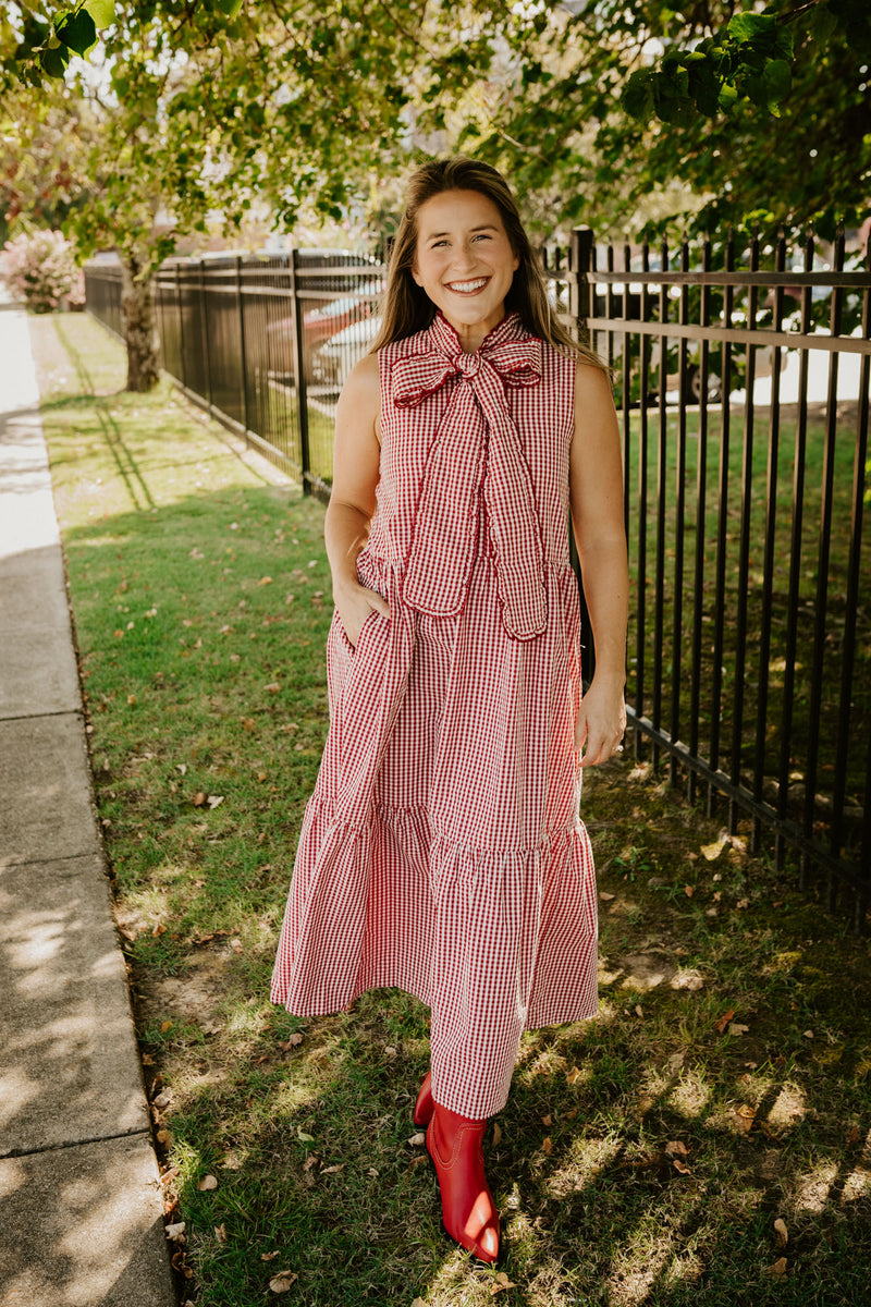 the touch down gingham bow dress-red gingham
