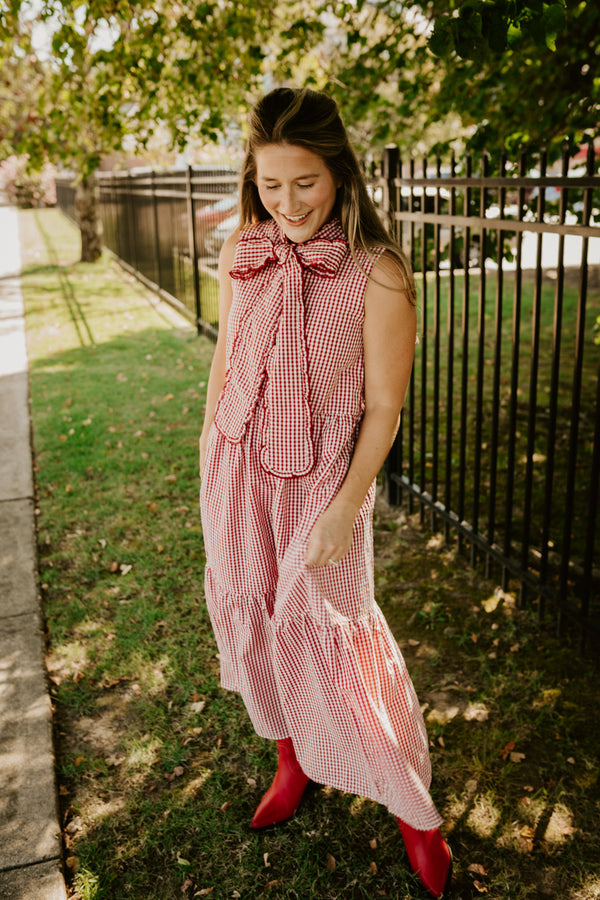 the touch down gingham bow dress-red gingham