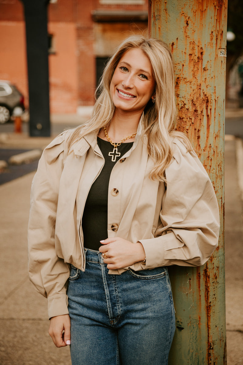 english factory: shirred trench short coat-beige