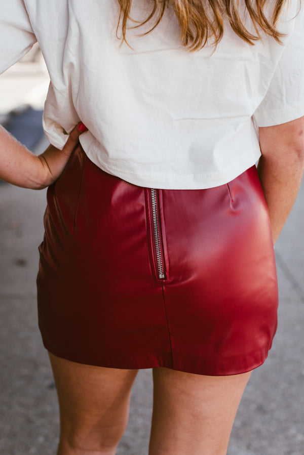 first down & fabulous studded red leather skirt