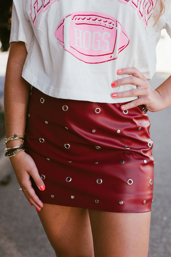 first down & fabulous studded red leather skirt