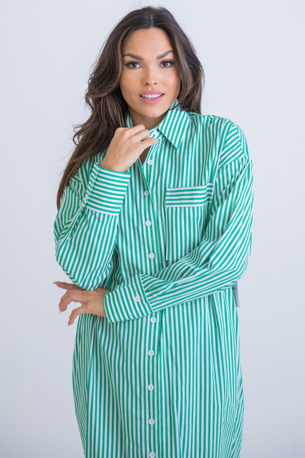 karlie: stripe poplin pocket maxi shirt dress-green