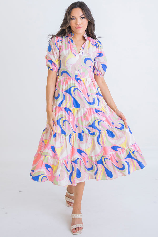 karlie: abstract multi swirl v neck tier dress-blue